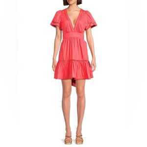 Stellah Women's Sz M Eyelet  Mini A-line Dress Lined Coral Deep V-Neck NWoT